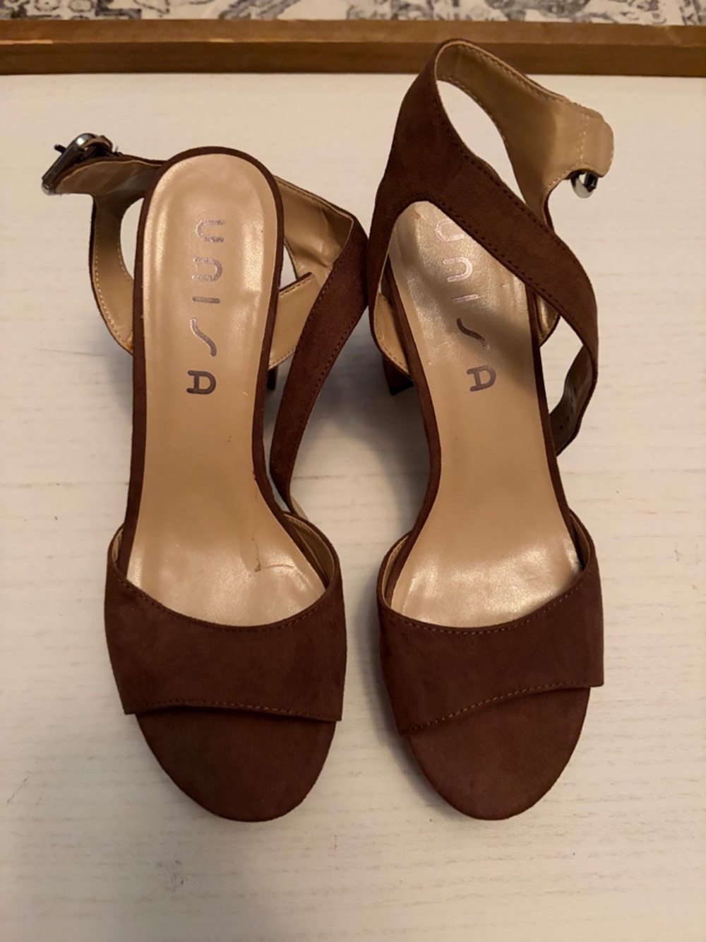 Unisa Brown Suede Crisscross Ankle-Strap Heels